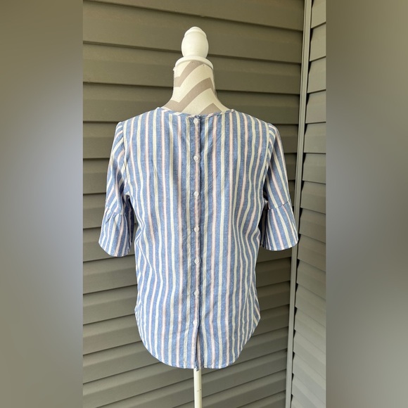 IZOD Linen Blend Striped Ruffle Sleeve Back Button Up Sz M - Picture 3 of 9
